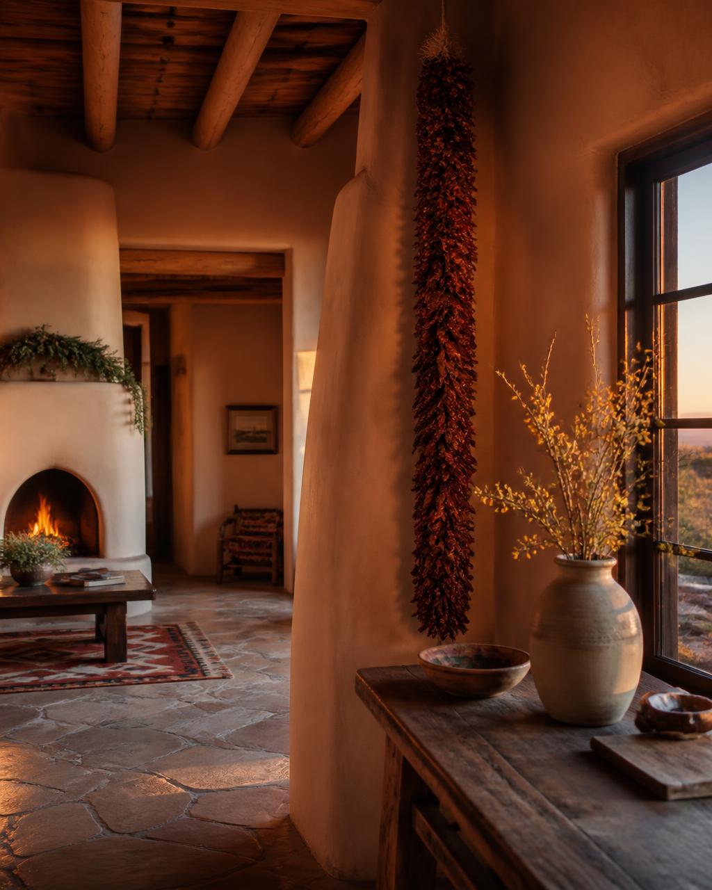 Adobe living room at dusk with a string of dried red chiles and firelight