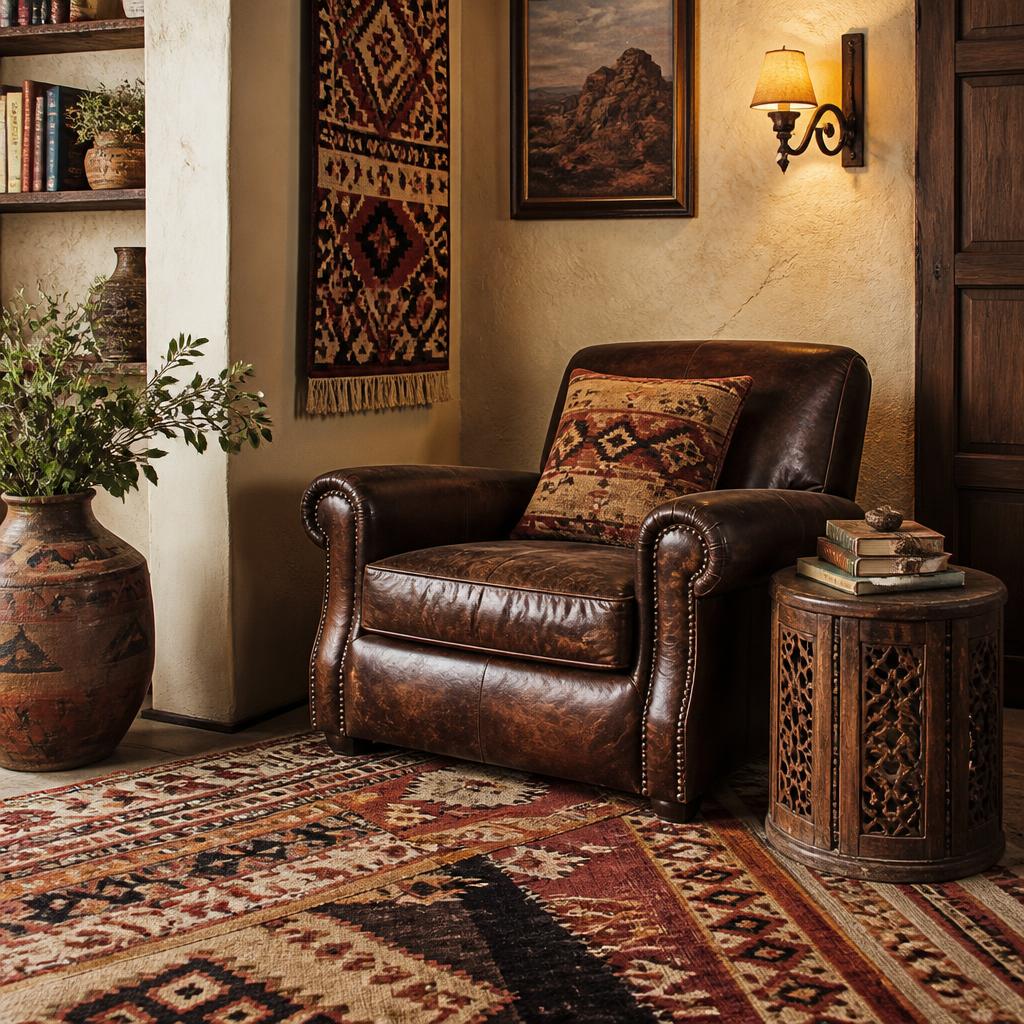 Reading nook with a deep leather chair, layered rugs and warm sconce light